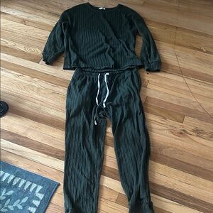 Ekouaer Dark Green Textured Knit Loungewear Set